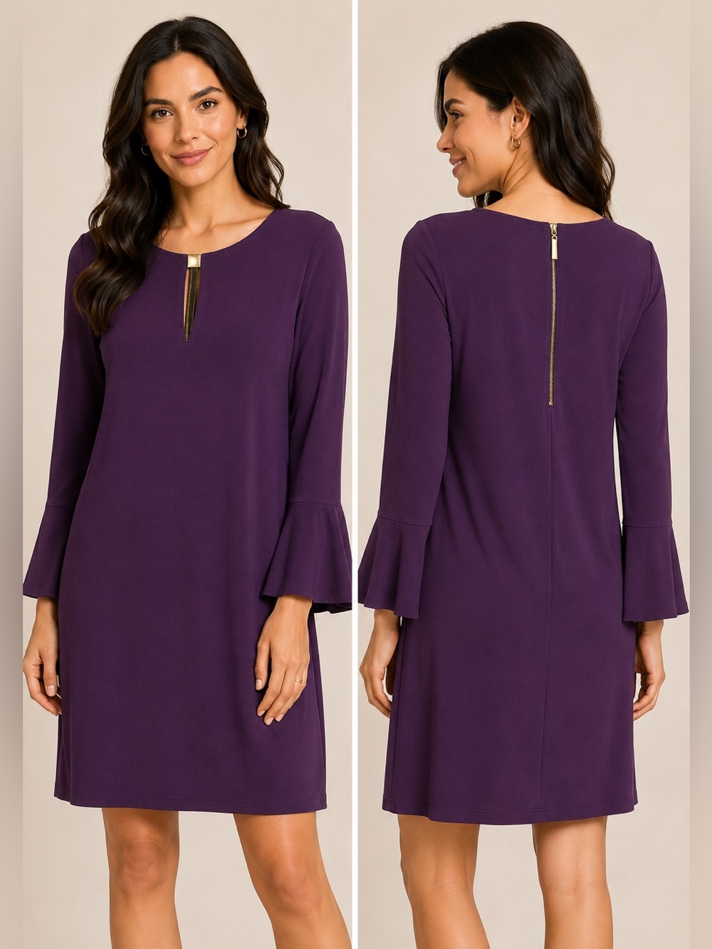 Frank Lyman Design Purple Shift Dress Bell Sleeve Gold Zip Detail Size 8